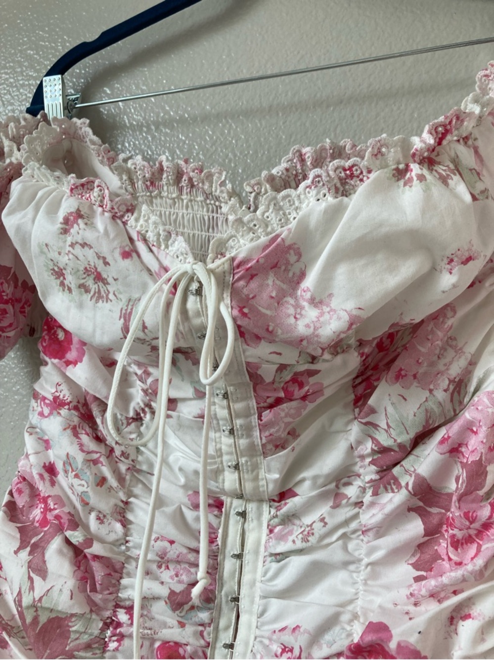 For Love & Lemons Mills Ruched Floral Mini Dress Coquette Milkmaid Corset sz L - Picture 6 of 14